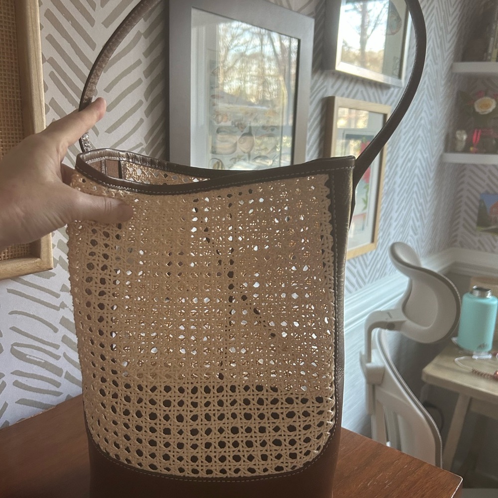 J Crew Woven Rattan & Brown Leather Shoulder Bag - Stylish Summer Tote